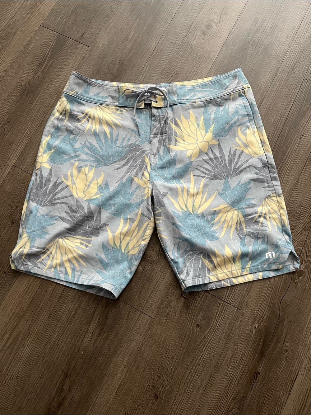 Travis Mathew Tropical Leaf Board Shorts - Blue, Yellow & Gray